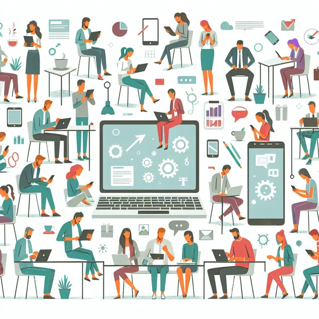 "Ilustrasi aplikasi digital untuk meningkatkan produktivitas, menampilkan pengguna yang efektif bekerja dengan berbagai alat digital untuk manajemen waktu dan kolaborasi."