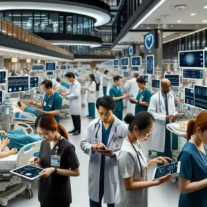"Pasien menggunakan aplikasi layanan kesehatan digital inovatif di Thailand untuk mengoptimalkan perjalanan perawatan mereka, dengan latar belakang rumah sakit modern dan profesional medis."