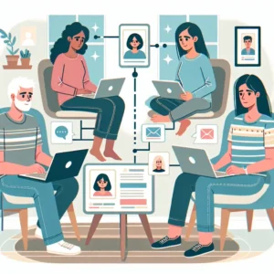 "Tim bekerja sama secara online menggunakan alat kolaborasi digital, ilustrasi cara kolaborasi tim yang efektif dalam panduan lengkap."