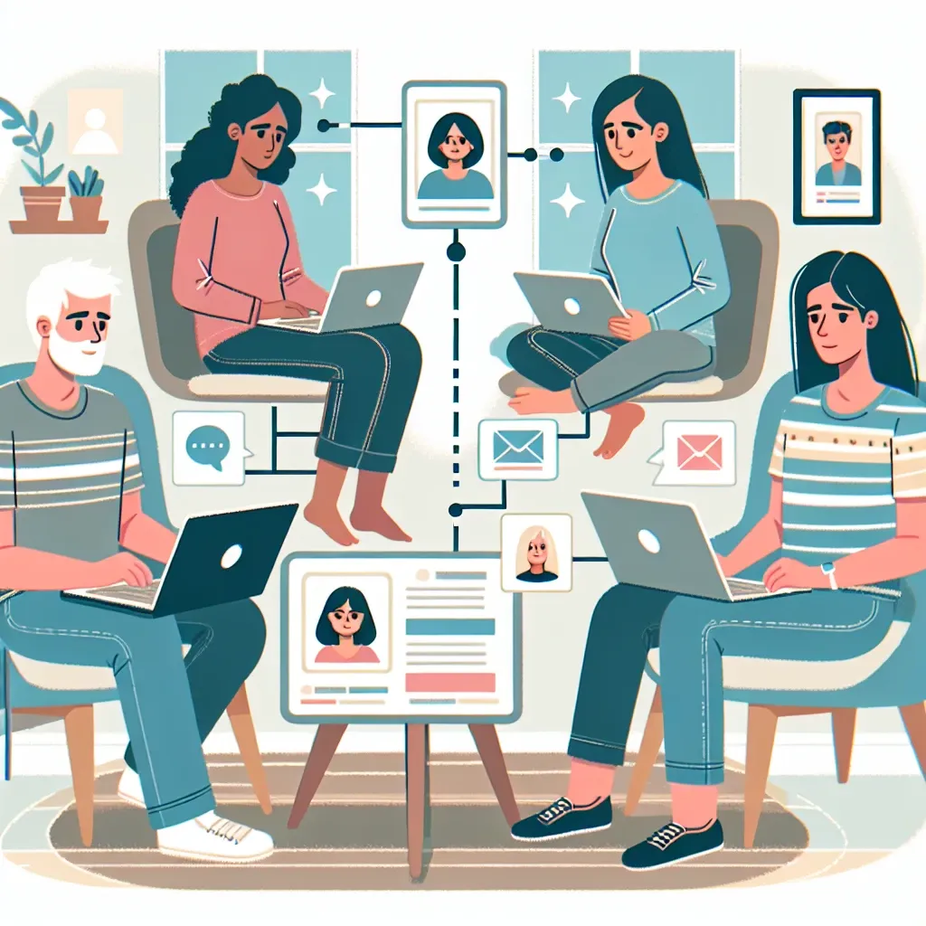 "Tim bekerja sama secara online menggunakan alat kolaborasi digital, ilustrasi cara kolaborasi tim yang efektif dalam panduan lengkap."