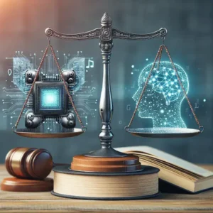 Alt text: "Ilustrasi perusahaan rintisan AI yang berinovasi dengan teknologi canggih sambil memastikan kepatuhan hukum, mencerminkan keseimbangan antara kreativitas dan regulasi dalam artikel 'Bagaimana Perusahaan Rintisan AI Menyeimbangkan Inovasi dengan Kepatuhan Hukum'."
