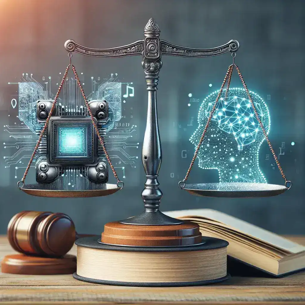 Alt text: "Ilustrasi perusahaan rintisan AI yang berinovasi dengan teknologi canggih sambil memastikan kepatuhan hukum, mencerminkan keseimbangan antara kreativitas dan regulasi dalam artikel 'Bagaimana Perusahaan Rintisan AI Menyeimbangkan Inovasi dengan Kepatuhan Hukum'."