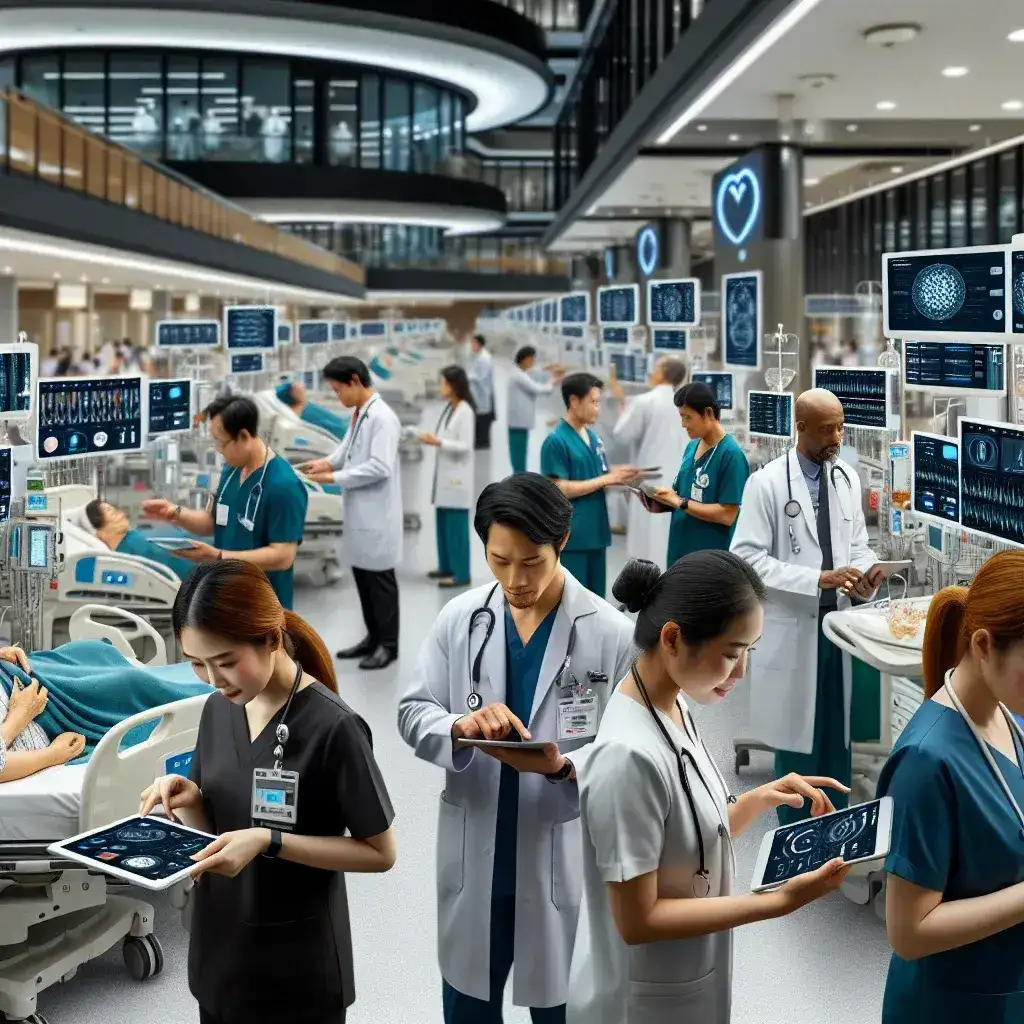 "Pasien menggunakan aplikasi layanan kesehatan digital inovatif di Thailand untuk mengoptimalkan perjalanan perawatan mereka, dengan latar belakang rumah sakit modern dan profesional medis."
