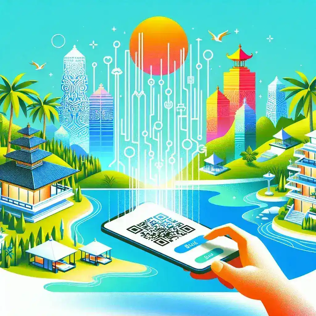 "Image showcasing a modern hotel lobby in Bali with a guest using a smartphone to make a QRIS hotel reservation, highlighting the integration of smart tourism technologies."