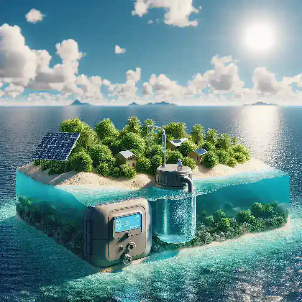 "Portable desalination technology unit designed for small outer islands, showcasing innovation in water purification and sustainable solutions for remote communities."