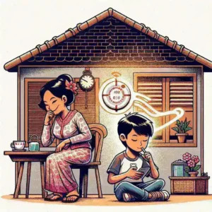 "Ilustrasi aplikasi parenting lokal dengan fitur Batas Penggunaan Gadget Anak, menampilkan antarmuka pengguna yang intuitif dan ikon pengaturan waktu untuk mengelola penggunaan gadget di kalangan anak-anak."