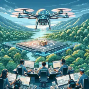 "Uji coba drone kargo oleh startup logistik udara Indonesia di Kalimantan, menampilkan drone terbang di atas hutan tropis dengan barang kargo, menggambarkan inovasi teknologi dalam pengiriman logistik."